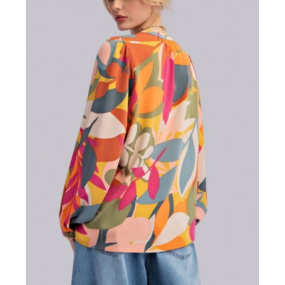 Easel Long Sleeve Pleated Abstract Colorful Sophia Twill Button Blouse Small NWT - Picture 4 of 7